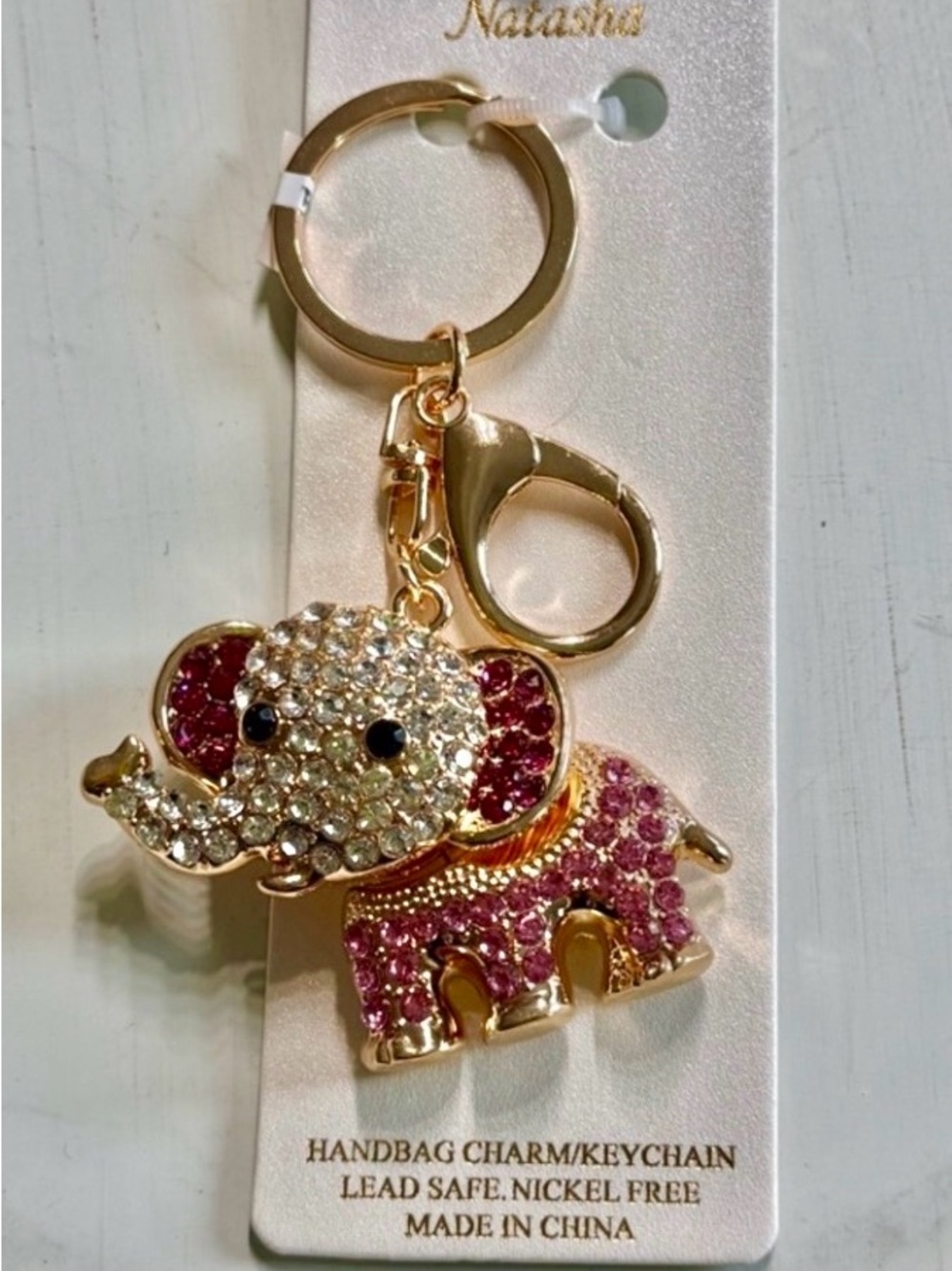 Natasha Couture Gold-Tone Elephant Keychain with Pink and Clear Crystals